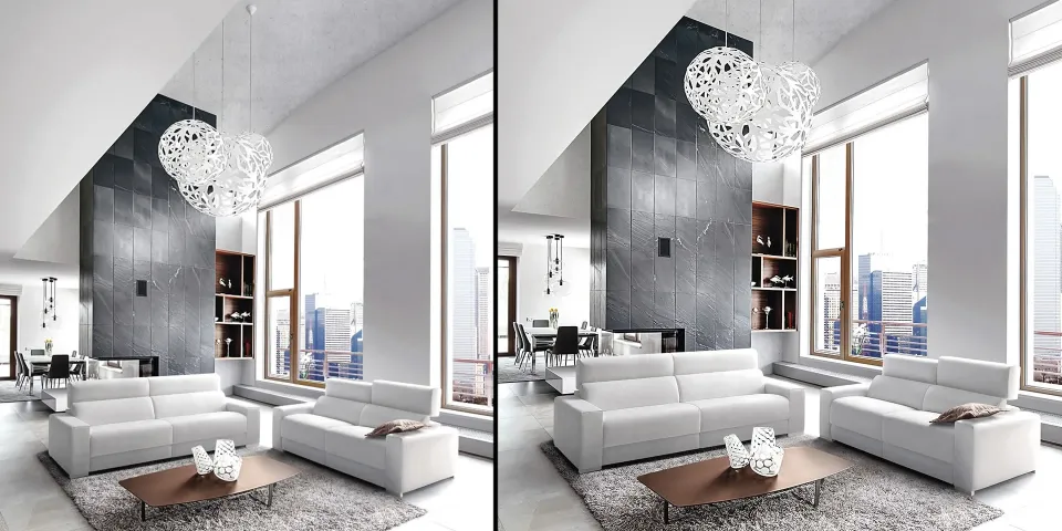 Salón con sofás de piel blanca, pared de piedra oscura y lámpara de araña, en dos versiones de iluminación