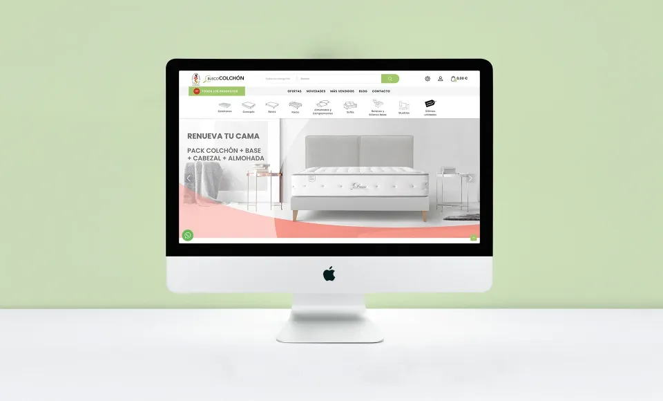 Web de ALS Colchonerías en un iMac con el banner «Renueva tu cama» sobre fondo verde