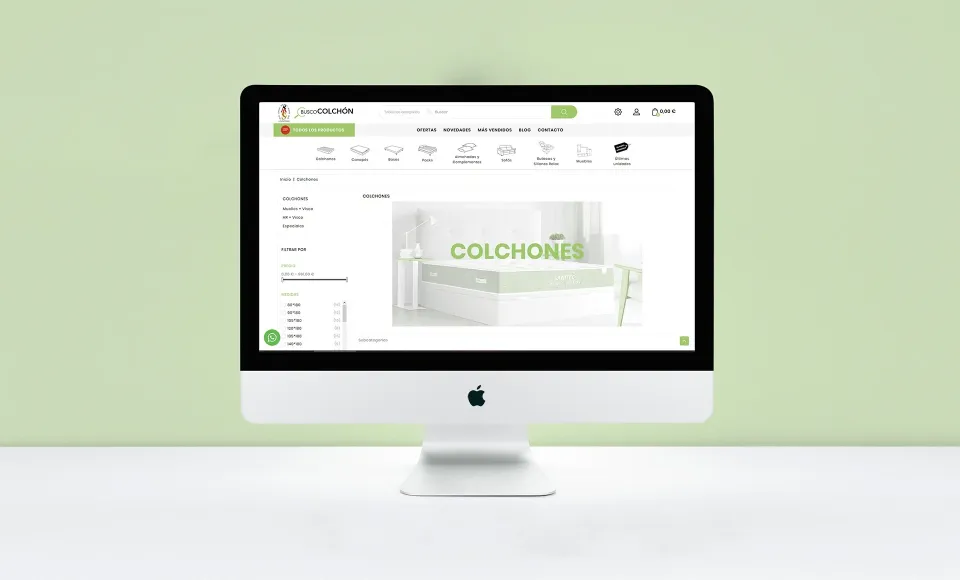 Web de ALS Colchonerías en un iMac con la categoría «Colchones» y filtros de búsqueda