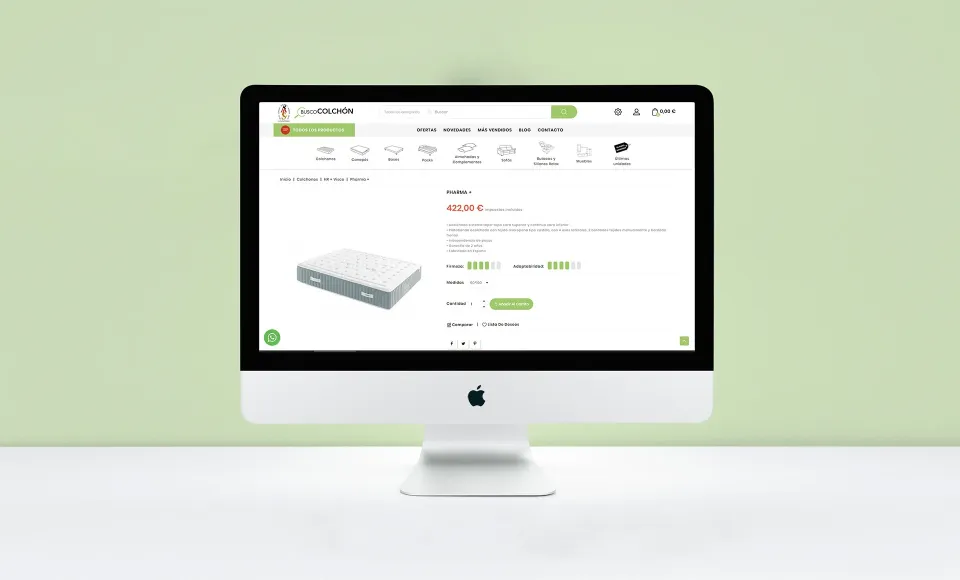Web de ALS Colchonerías en un iMac con la ficha de un canapé y su precio en euros