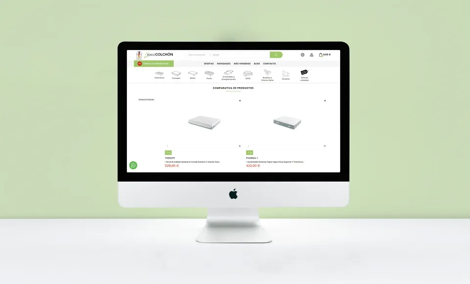 Web de ALS Colchonerías en un iMac comparando dos canapés con sus precios