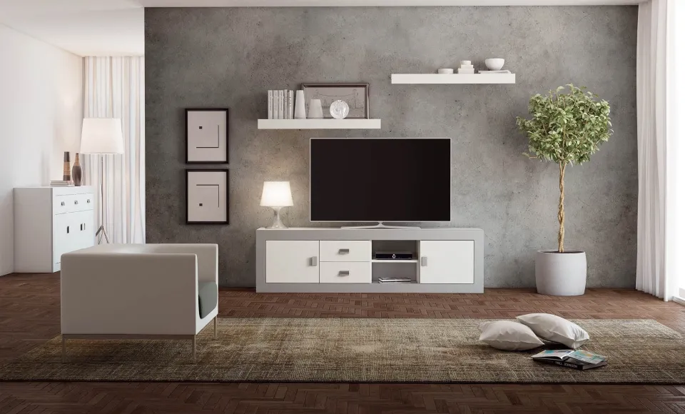 Render 3D de un mueble de salón blanco con TV, estantes y un sillón junto a una alfombra