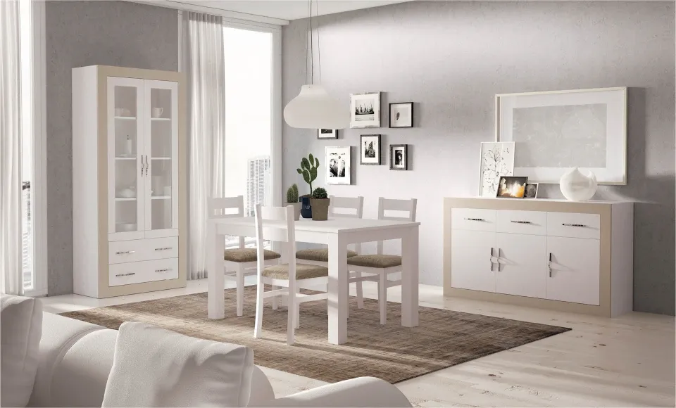 Render 3D de un comedor con vitrina, mesa con sillas y aparador en blanco y beige
