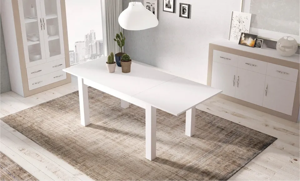 Render 3D de una mesa de comedor extensible blanca con plantas y una lámpara colgante