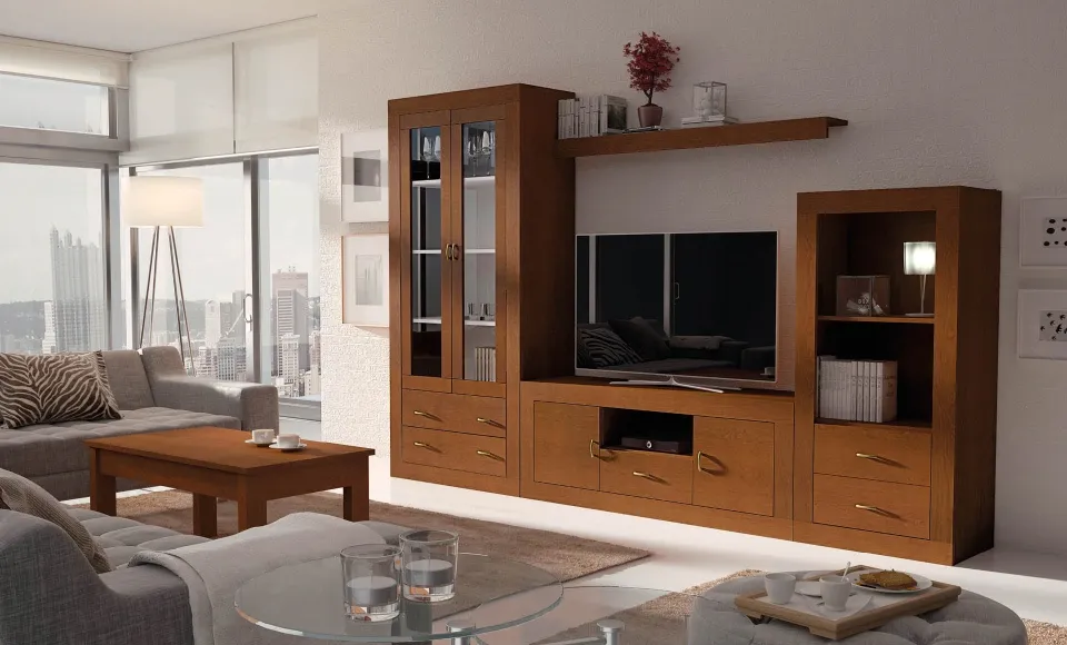 Render 3D de un mueble de salón en madera con vitrinas y mueble de TV, junto a un sofá
