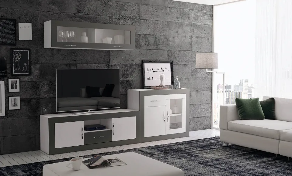 Render 3D de un mueble de salón gris y blanco con TV sobre una pared de piedra