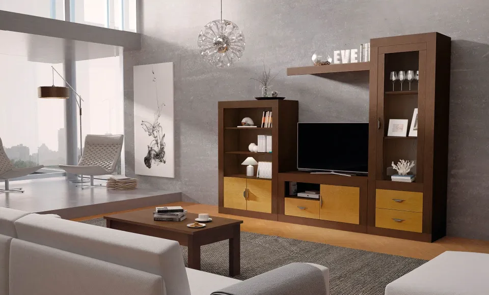Render 3D de un mueble de salón en madera oscura con detalles mostaza y una lámpara de araña