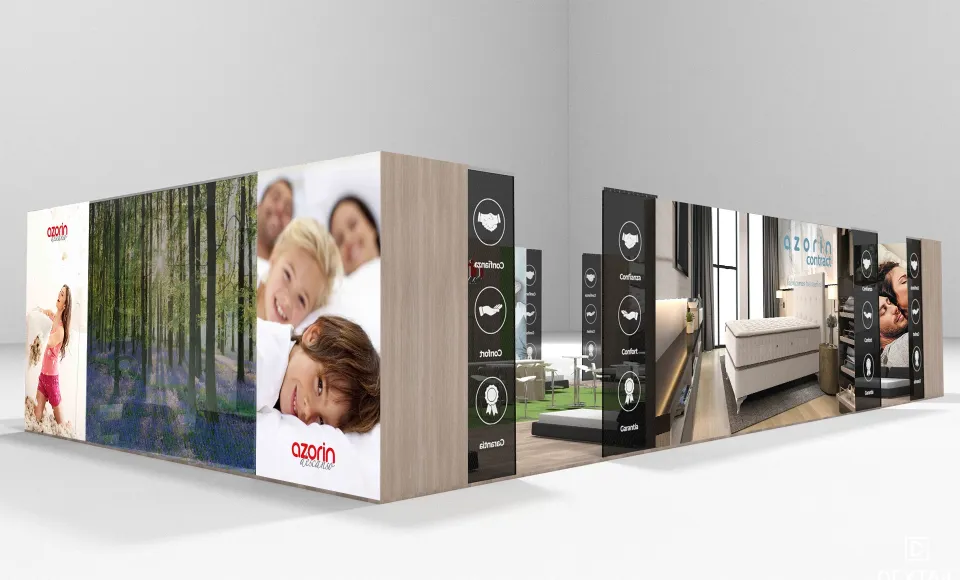 Render 3D del stand de Azorín Descanso con paneles de madera y fotografías de familias
