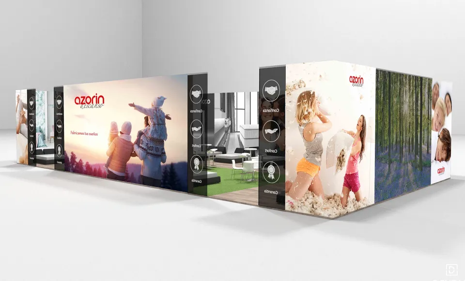 Render 3D del stand de Azorín Descanso con grandes fotografías y una zona de descanso