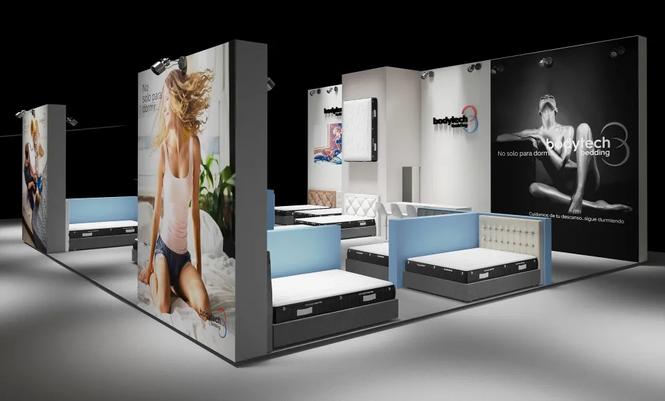 3D render of the Bodytech stand with mattresses on display and a photo panel of a woman