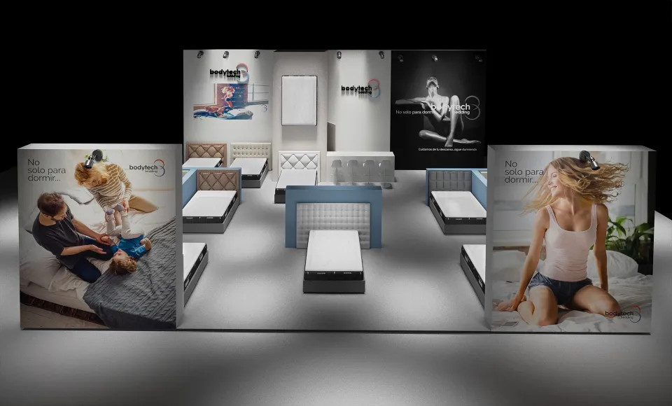 3D render of the Bodytech stand with mattresses in the centre and photo panels on the sides