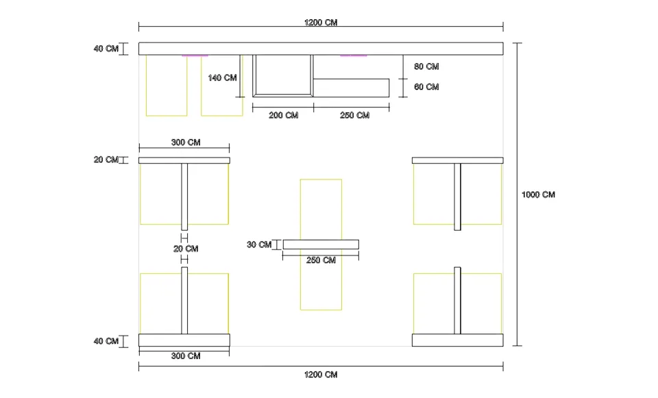 Technical floor plan with measurements in centimetres for the Bodytech stand design
