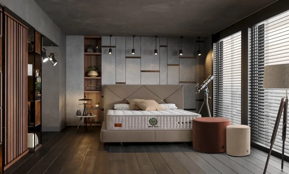 Dark-toned bedroom with an upholstered bed, a shelving unit with lights and a terracotta pouffe
