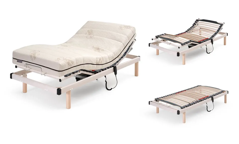 Adjustable slatted bed base with a reclined mattress next to two folded slatted bases