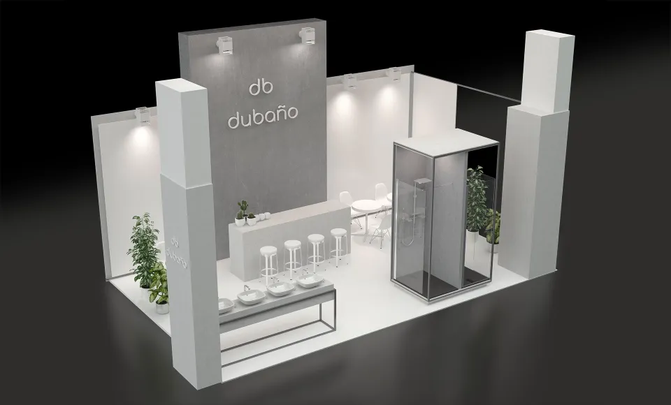 Render 3D de un stand de feria de Dubaño con mostrador de bar, taburetes y cabina de ducha acristalada