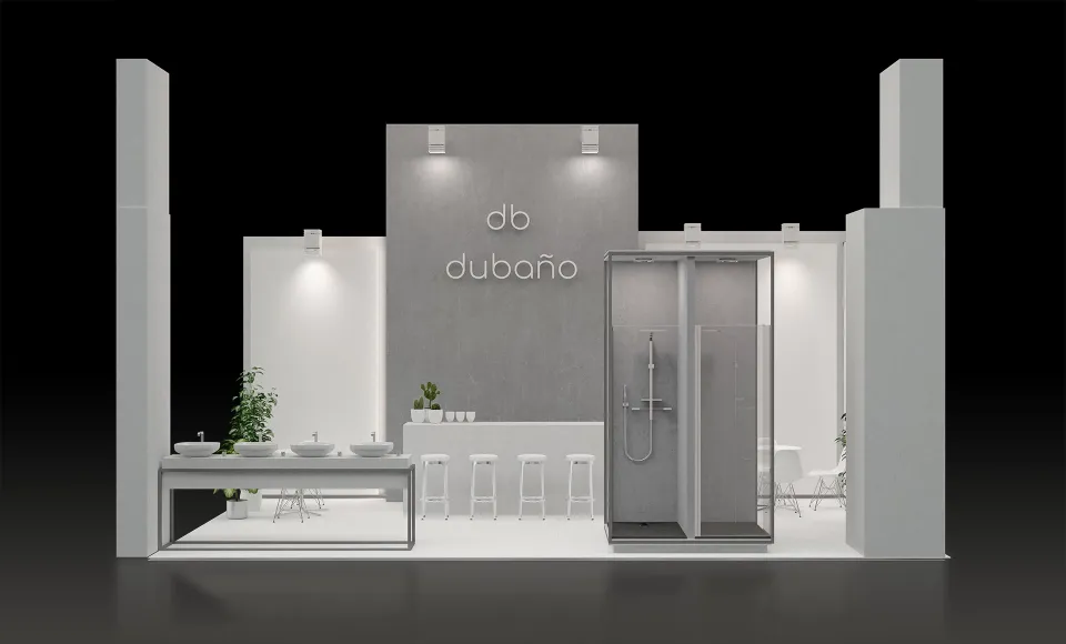 Render 3D del alzado del stand de Dubaño con pared de listones de madera y mostrador de bar