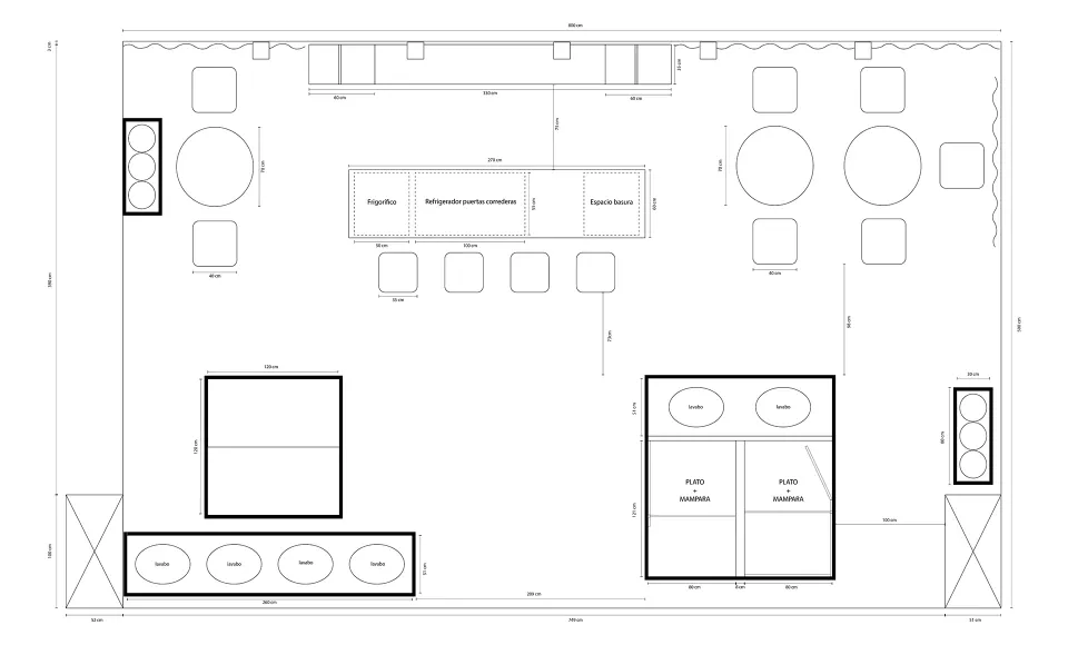 Plano técnico en planta del stand de feria de Dubaño con la distribución del mobiliario