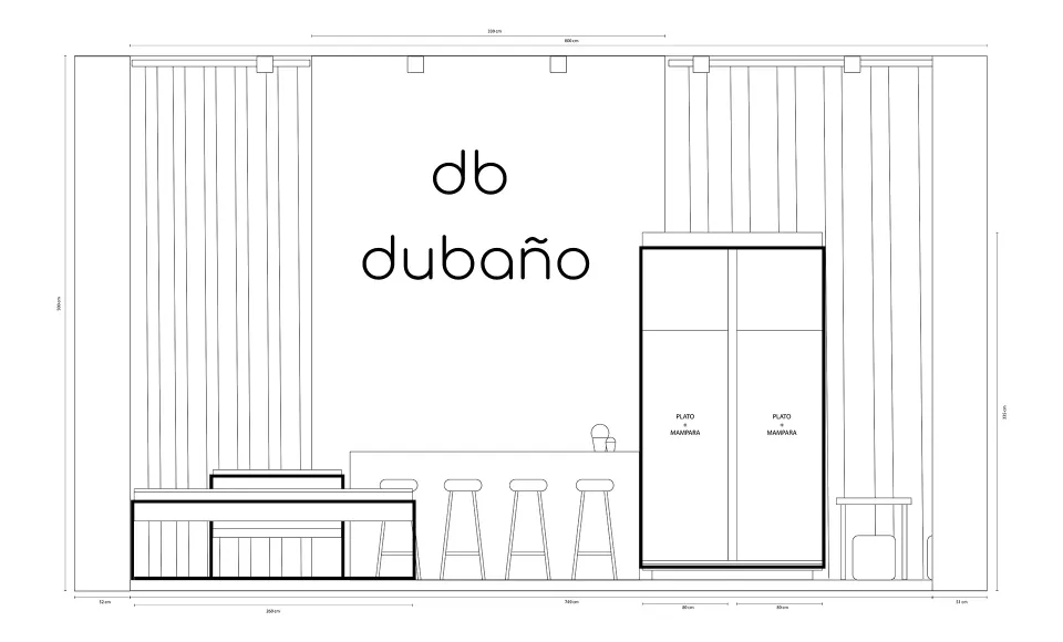 Plano técnico del alzado frontal del stand de Dubaño con mostrador, taburetes y armarios