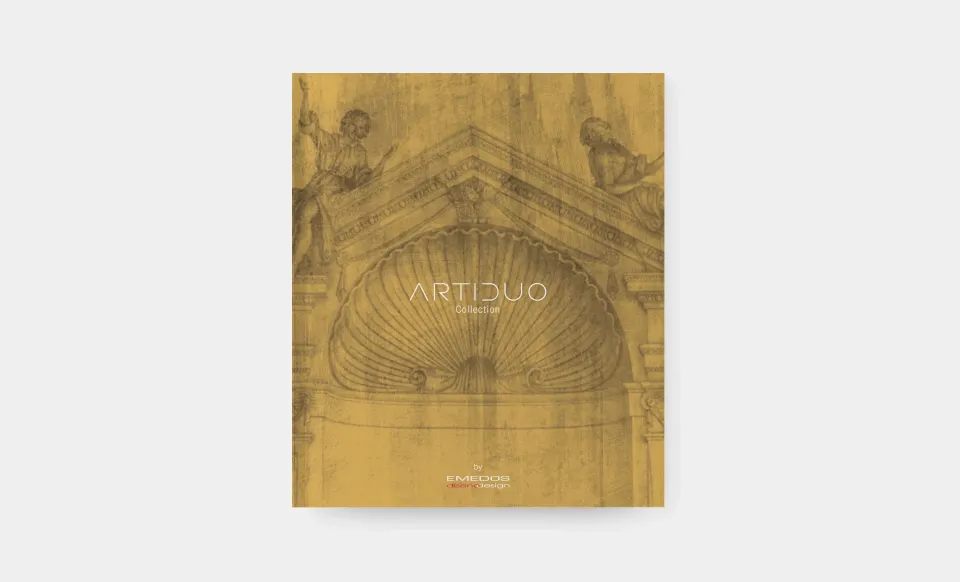 Golden cover of Emedos' Artiduo catalogue with an architectural motif