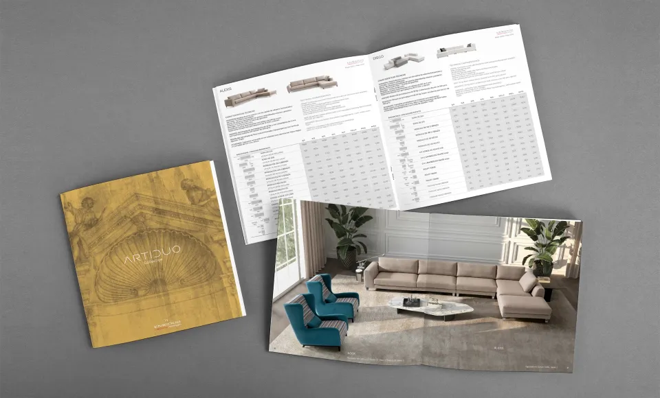 Price table spread from the Emedos catalogue next to a photo of a lounge with a beige sofa