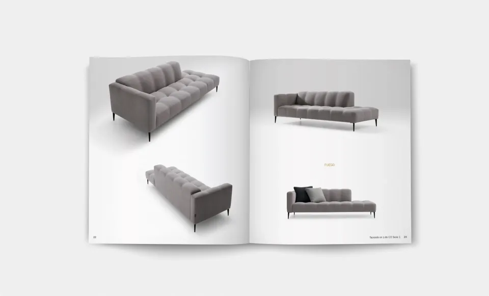 Emedos catalogue spread showing a grey upholstered sofa photographed from several angles