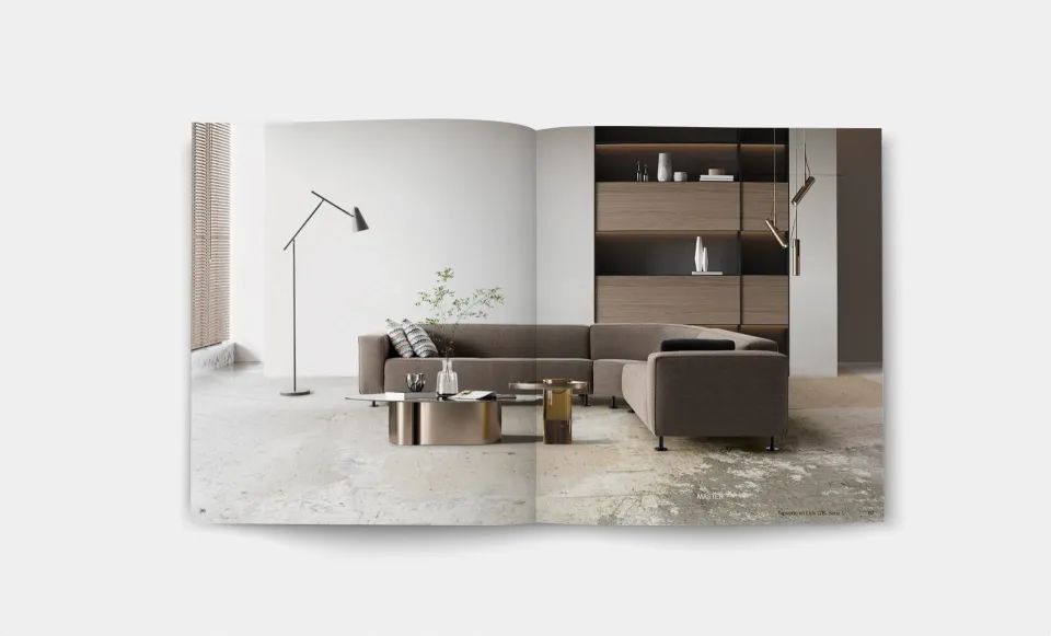 Emedos catalogue spread showing a lounge with a brown corner sofa and shelving