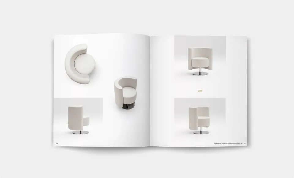 Emedos catalogue spread showing curved white armchairs photographed from different angles