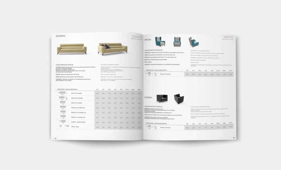 Emedos catalogue spec spread with sofas, armchairs and size tables