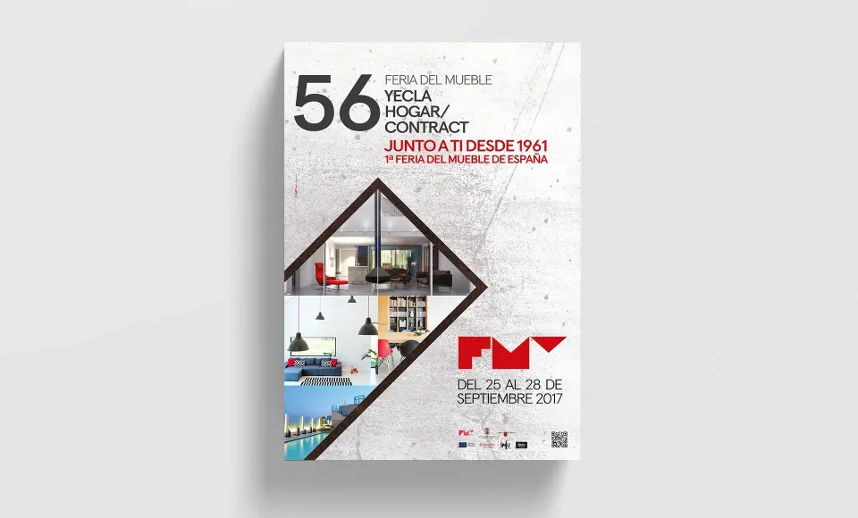 Cartel de la 56 Feria del Mueble de Yecla con una composición romboidal de fotos de interiores
