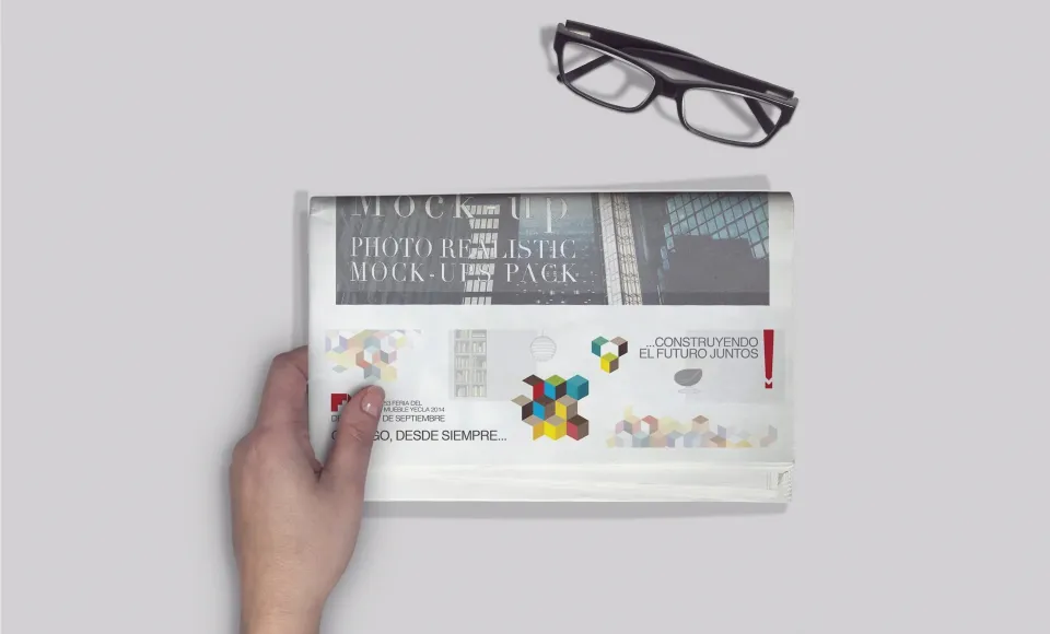 Folded promotional newspaper for the Yecla Furniture Fair on a white background next to glasses