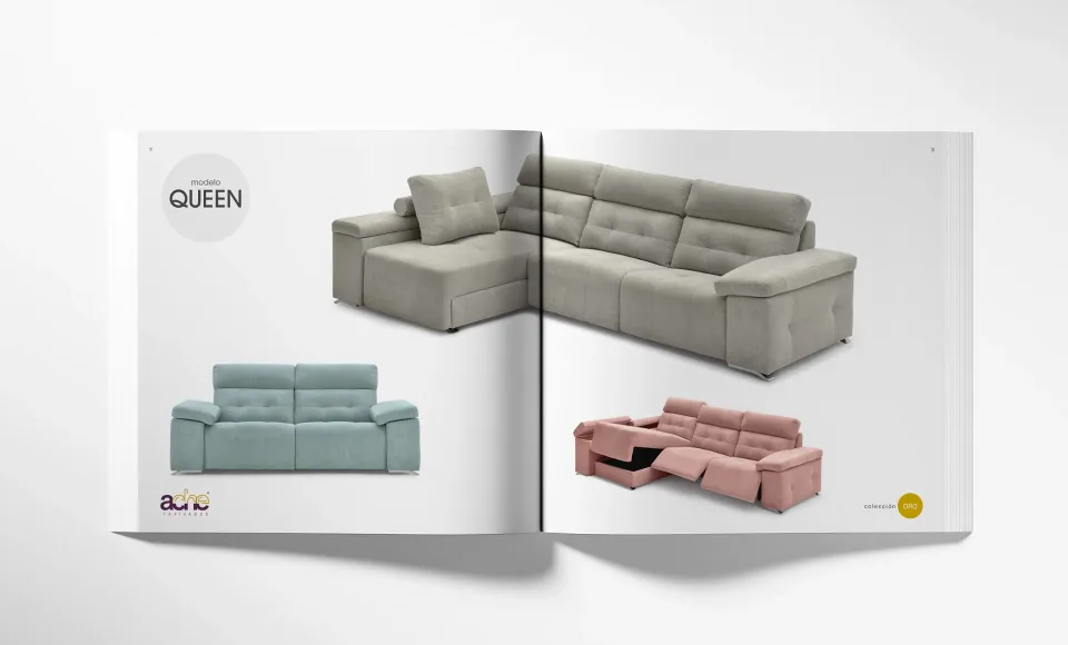 Doble página del modelo Queen con un rinconero gris y las versiones en menta y rosa