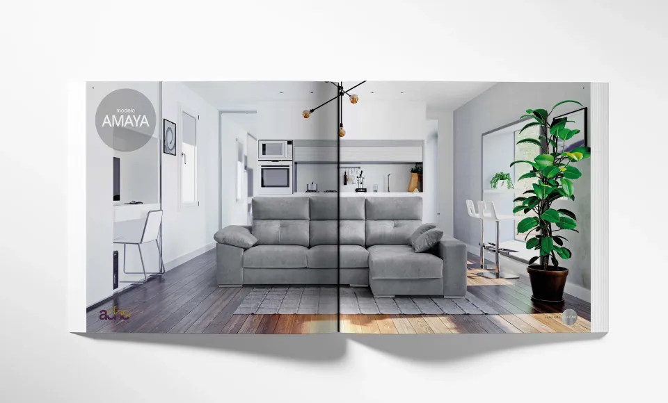 Doble página del modelo Amaya con el sofá gris en una cocina-salón moderna