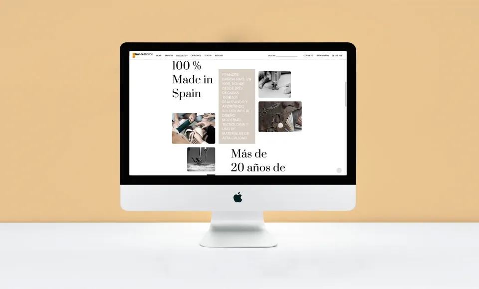 Web de Francés Bañón en un iMac con el texto 100% Made in Spain y fotos de artesanía