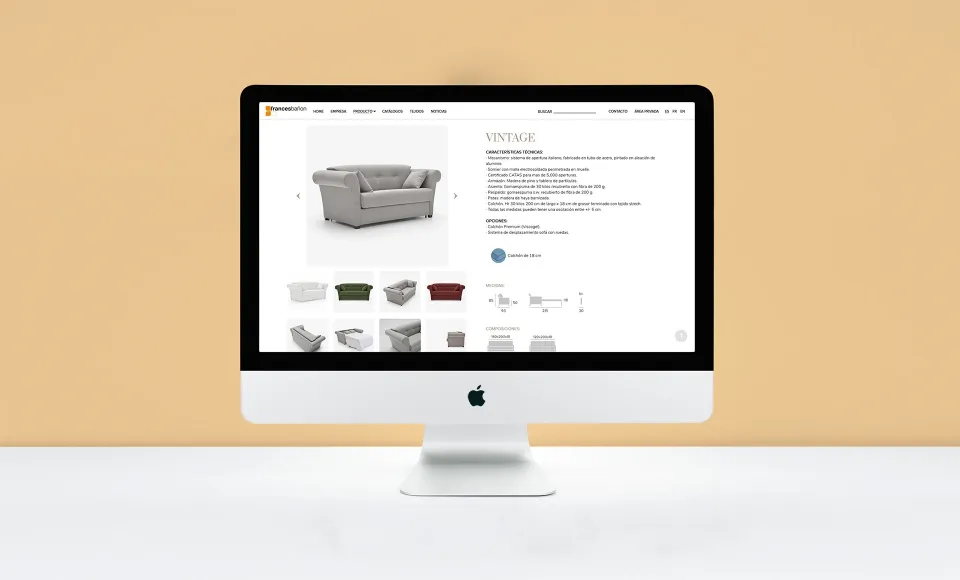 Web de Francés Bañón en un iMac mostrando la ficha de producto del sillón Vintage en gris