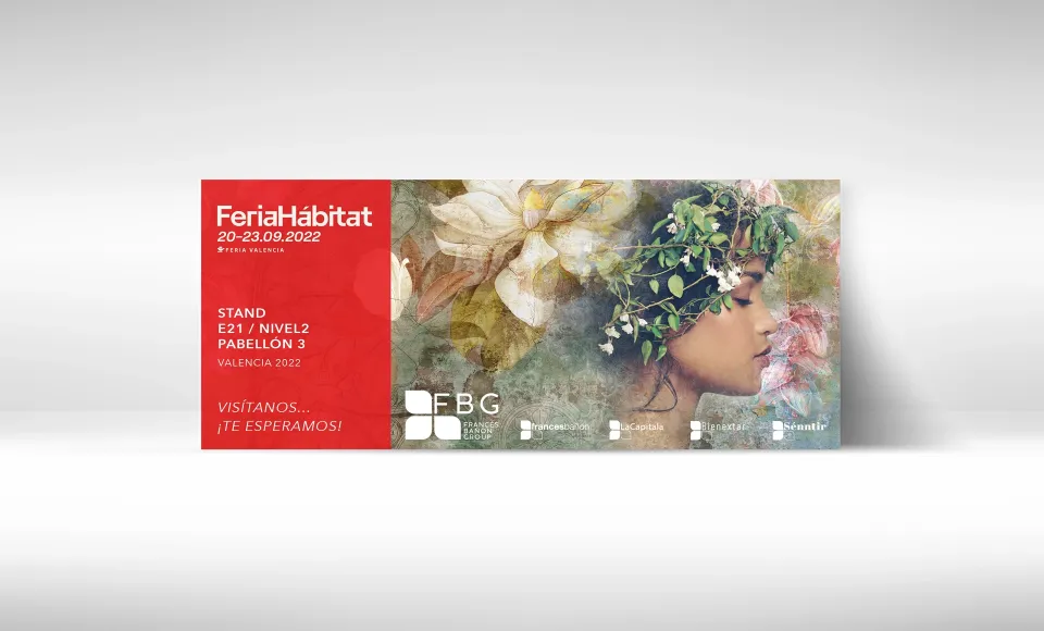 Tarjeta roja de la Feria Hábitat con una mujer con una corona de flores y los datos del stand
