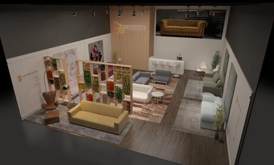 Render en planta del stand de Francés Bañón con una celosía de plantas y sofás sobre suelo oscuro