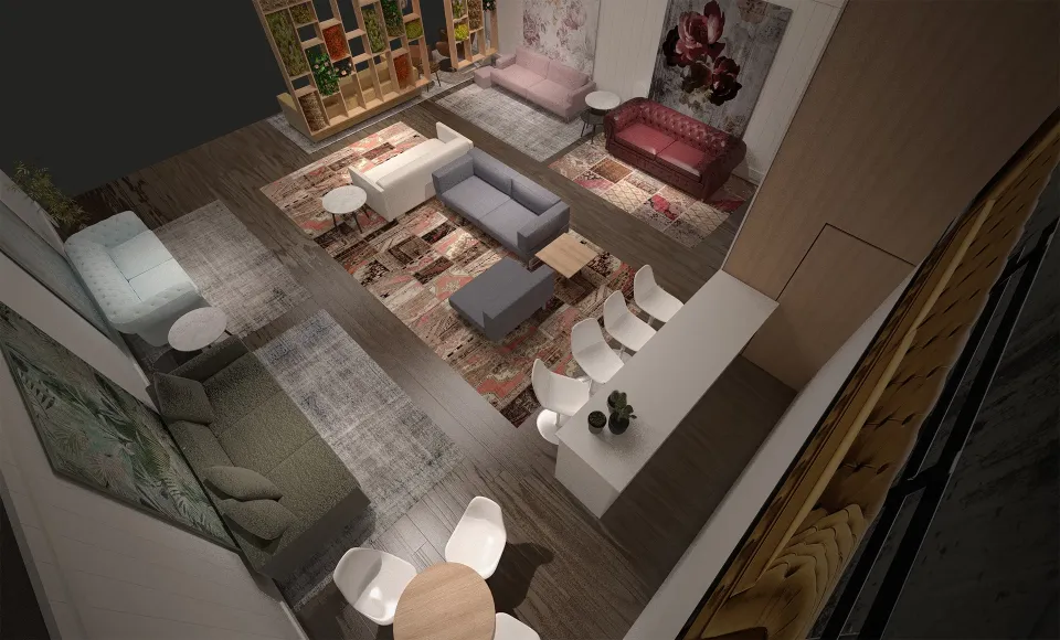 Render en planta del stand con una separación de plantas, sillas y alfombras