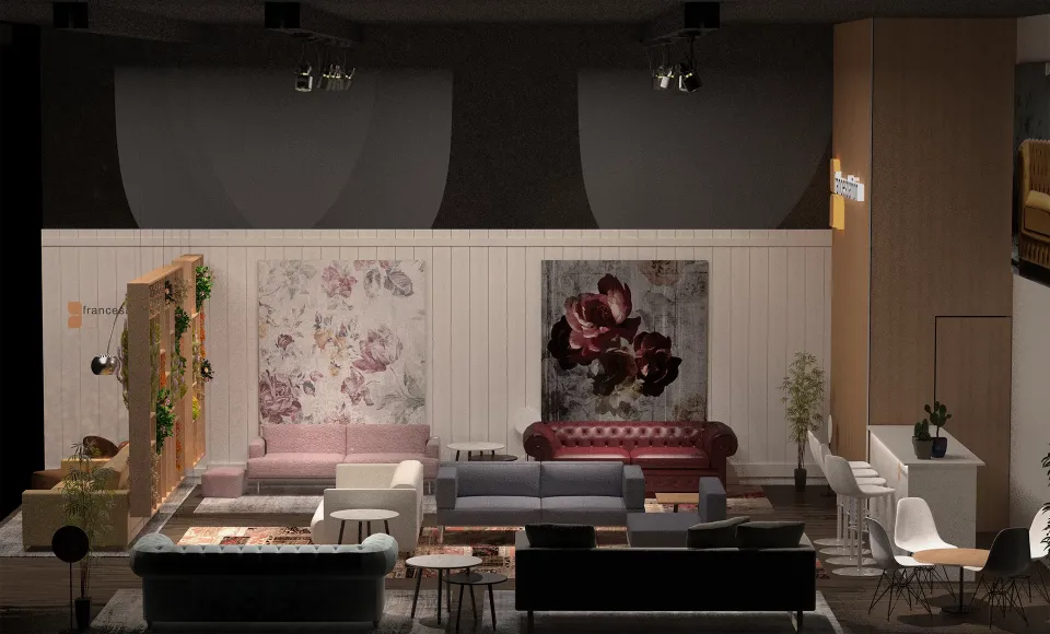 Render frontal del stand con paredes oscuras, un cuadro floral y un sofá en terciopelo burdeos