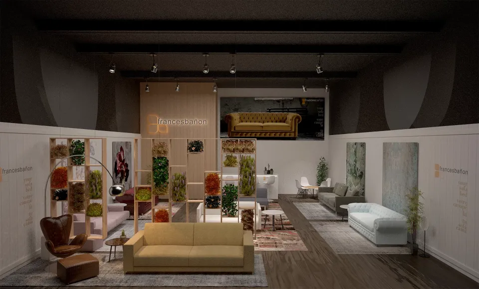 Render frontal del stand con una celosía de plantas, un sofá mostaza y un sillón marrón