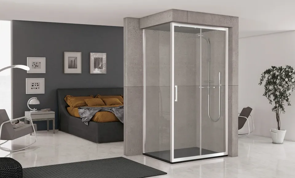 3D render for Habitacua of a bedroom with a dark bed next to a glazed shower enclosure