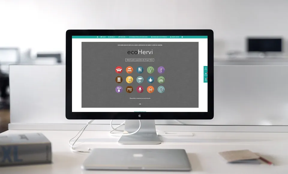 Pantalla de iMac con la sección ecoHervi y sus iconos de categorías en colores