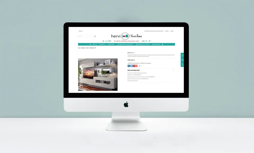 Pantalla de iMac con la ficha de un producto de mueble en la web de Hervi
