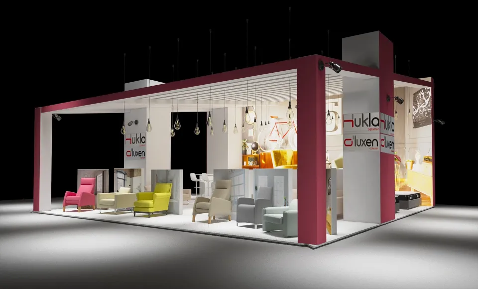 Render 3D del stand de feria de Hukla en granate y blanco con sillones de colores