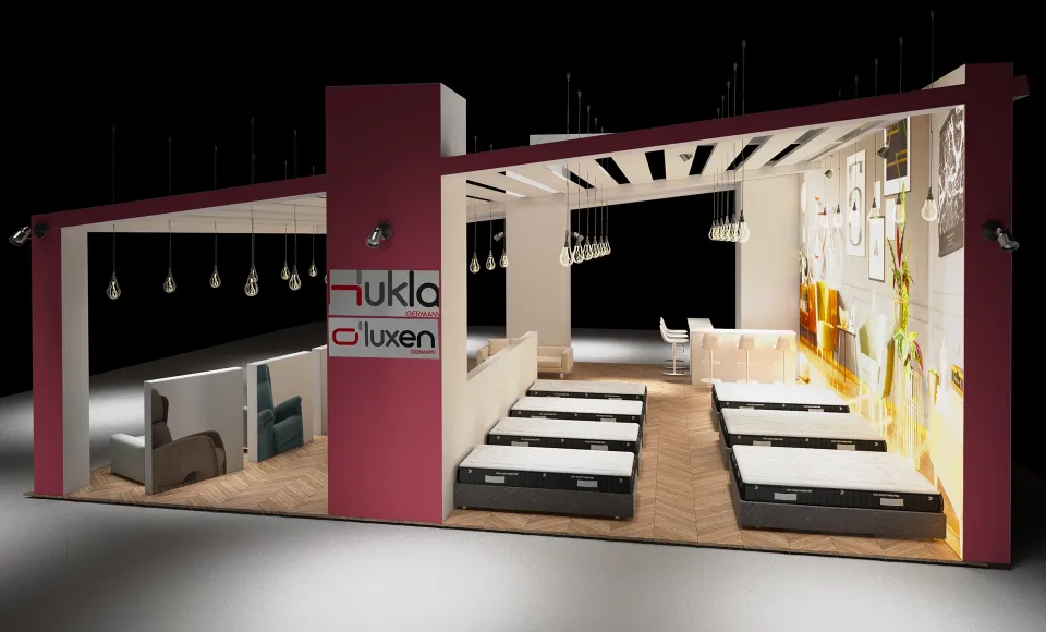 Render 3D del stand de Hukla con colchones apilados sobre suelo de madera