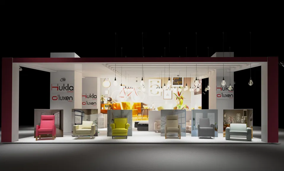 Render 3D del stand de Hukla con una fila de sillones tapizados de distintos colores