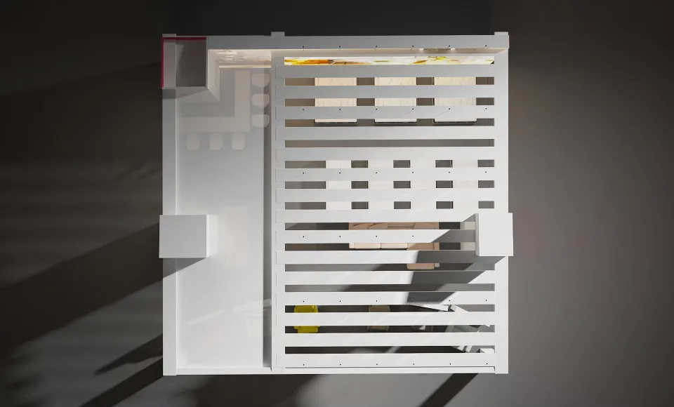 Maqueta 3D en blanco de la estructura del stand de Hukla vista desde arriba