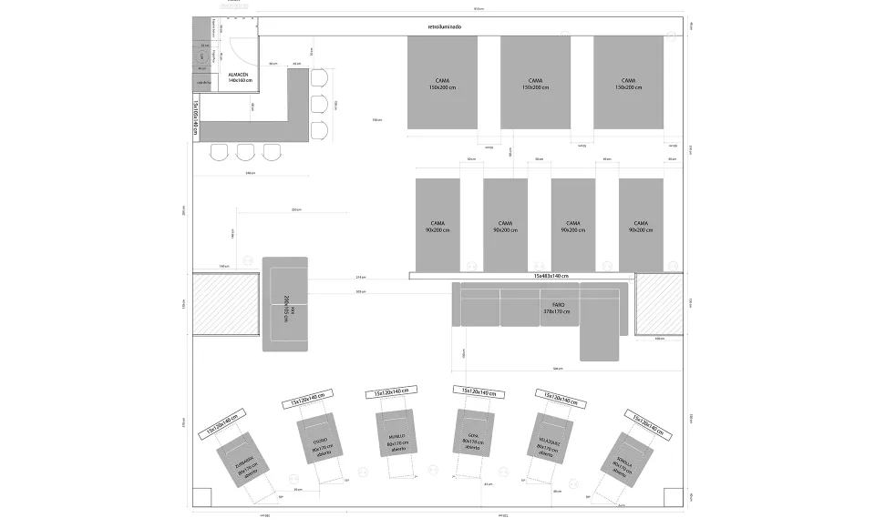 Plano técnico del diseño y distribución del stand de feria de Hukla