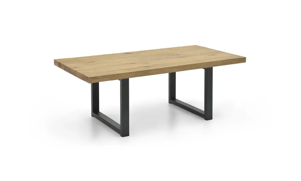 Wooden coffee table with black metal legs on a white background