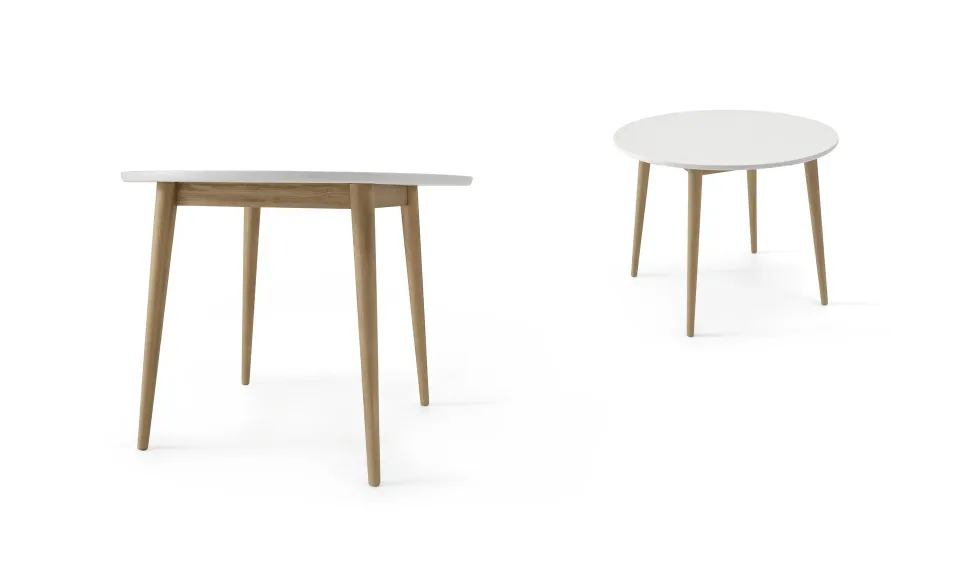 Two wooden tables with white tops, one square and one round