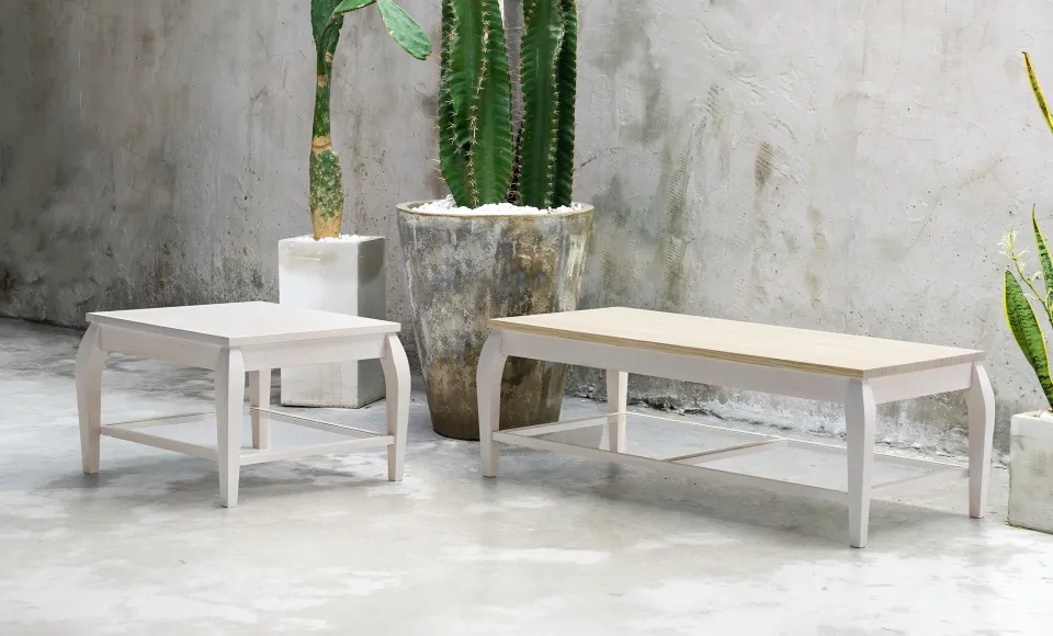 Two white side tables next to potted cacti in stone planters